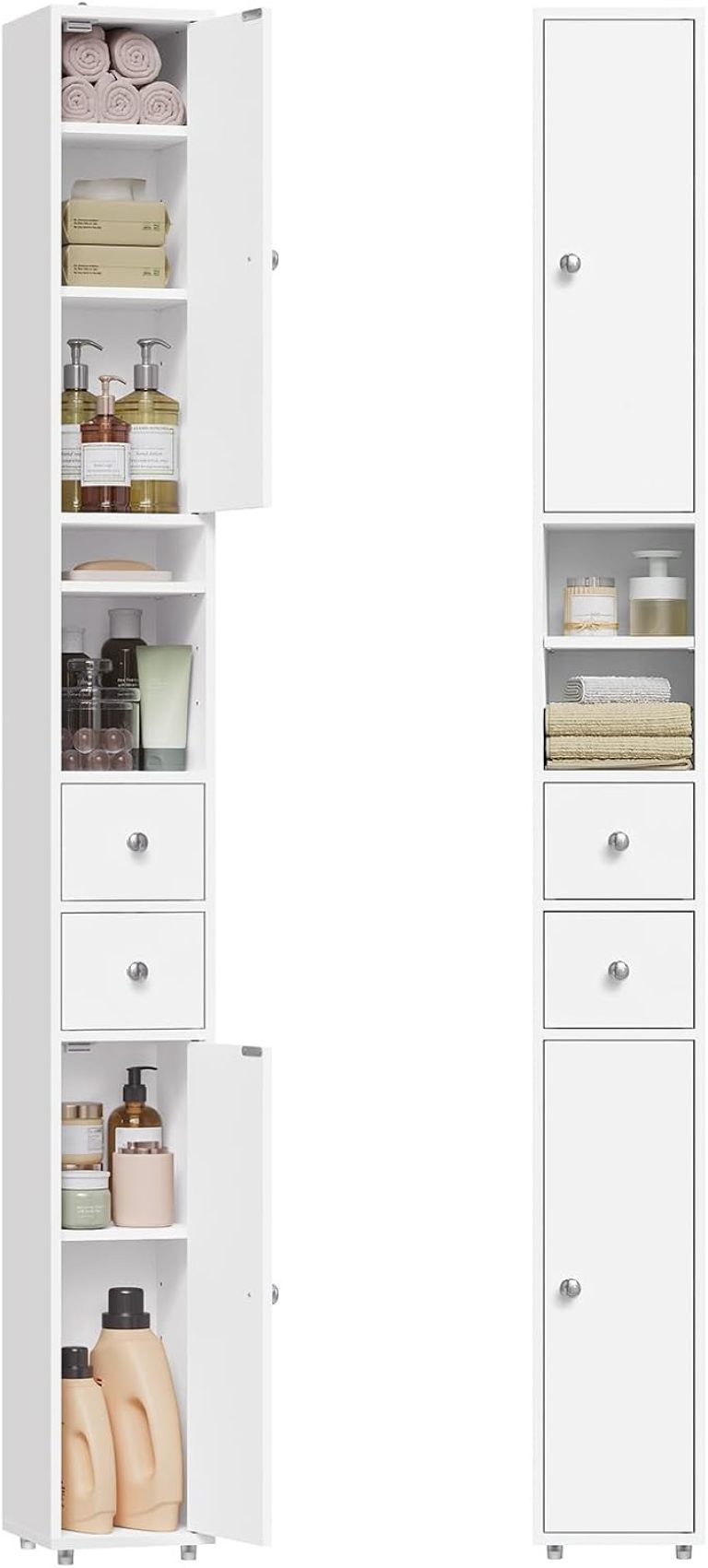 EUGAD Meuble Colonne de Salle de Bains, Armoire Rangement WC avec 2 Tiroirs, 2 Portes, Étagères Réglables et Compartiments Ouverts, Blanc, 20x20x180cm