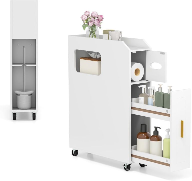 GIANTEX Petit Meuble Salle de Bain 16 cm, Armoire Salle de Bain Étroit, Porte-Papier, Porte-Balayette, Meuble WC Compact avec Tiroir et roulettes