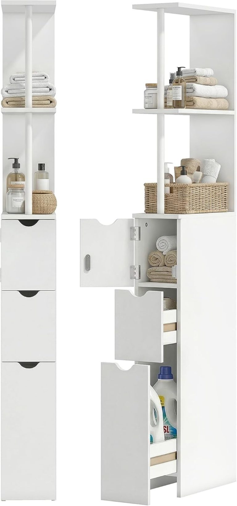 HOMCOM Meuble Colonne Salle de Bain, Armoire de Salle de Bain, avec Tiroirs, Étagères Ouvertes, Placard, 15 x 33 x 136,5 cm, Blanc