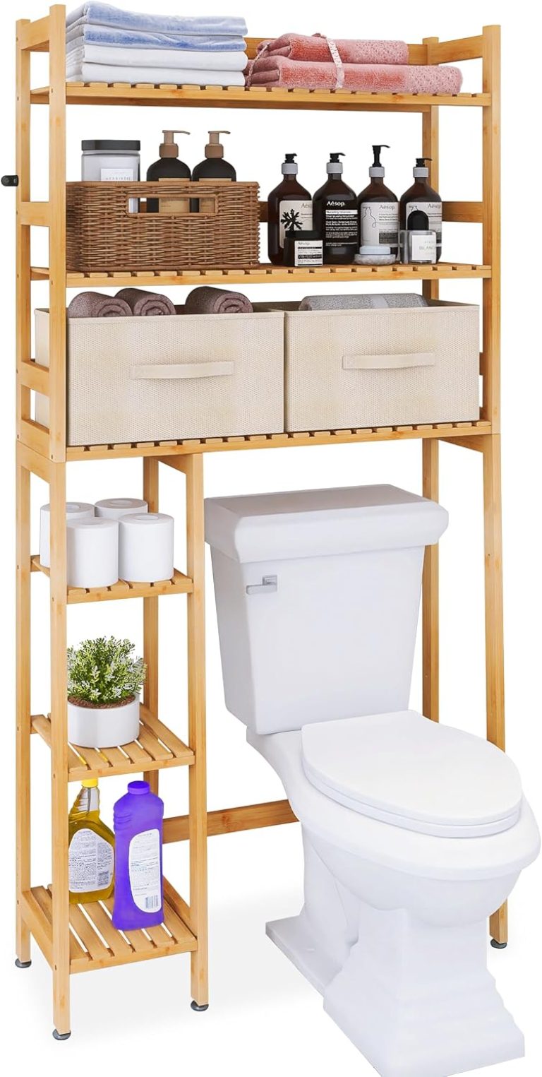 SMIBUY au-dessus du rangement des toilettes, étagère de rangement de salle de bain en bambou à 6 niveaux avec tiroirs, support d’organisateur de toilette autoportant au-dessus de la toilette (naturel)