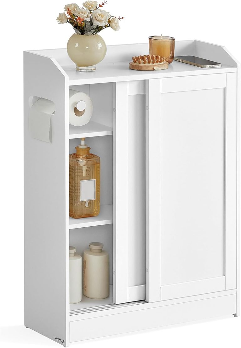 VASAGLE Meuble WC, Meuble Toilette, pour Salle de Bain, Rangement Papier Toilette, pour Brosse WC, Portes Coulissantes, Étagères Réglables, 20 x 60 x 80 cm, Blanc Nuage BBC752W01