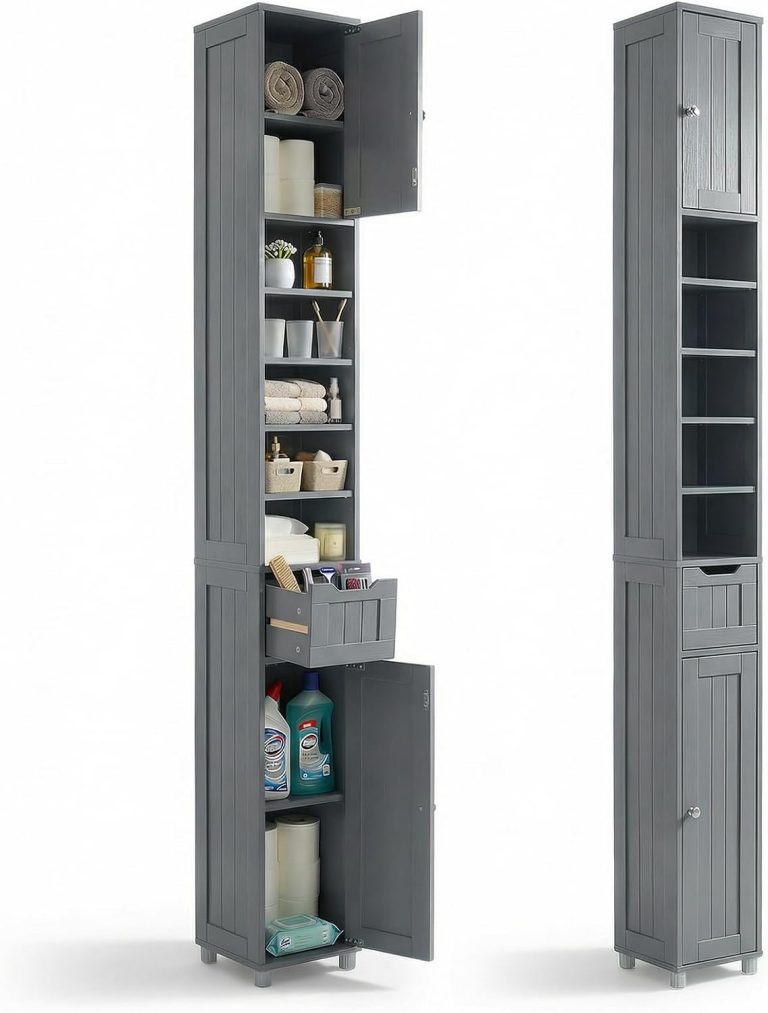 vounot® Meuble de Rangement Haut Armoire de Salle de Bain avec Étagère Réglable Tiroir et Armoires à Portes Meuble Colonne pour Chambre Salon Cuisine et Couloir 20x20x180cm Gris