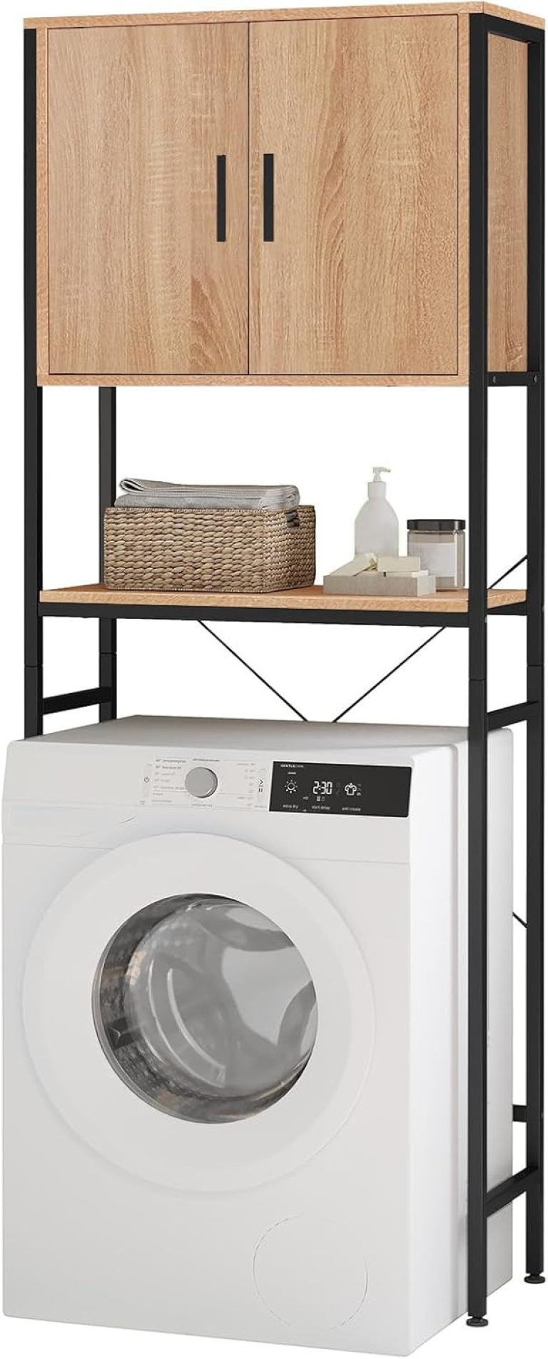 EUGAD Meuble WC, Meuble Machine à Laver, Style Industriel, Bois d'ingénierie+Métal, Noir+Chêne, 64,5x27x170cm