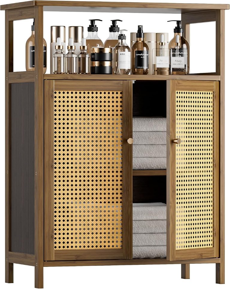 HITNET Armoire en Bambou, Meuble de Rangement Salle de Bain avec Rotin Portes, Armoire sur Pied en Bambou, Organisateur autoportant pour Salon, Cuisine, entrée, Noyer