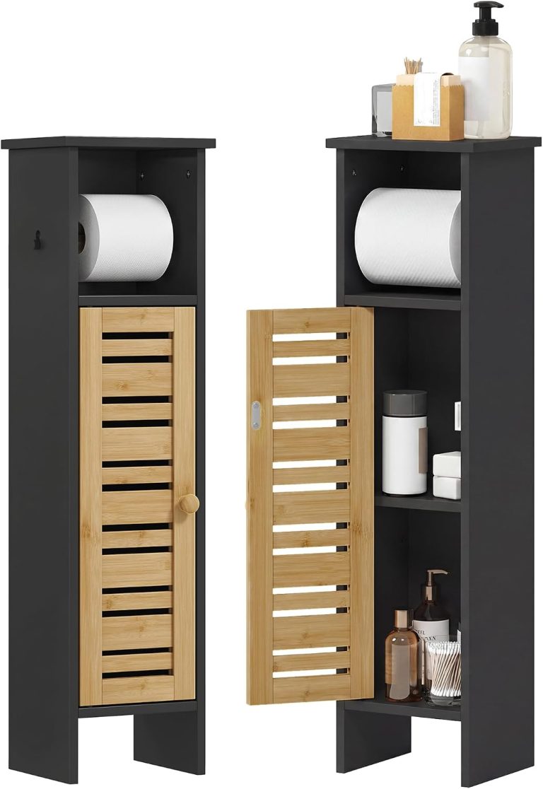 HOMCOM Meuble de Salle de Bain 21l x 17P x 78H cm, Bambou et Bois Noir, Support Papier Toilette, Rangement 3 Niveaux, Barre Amovible, Sortie Papier