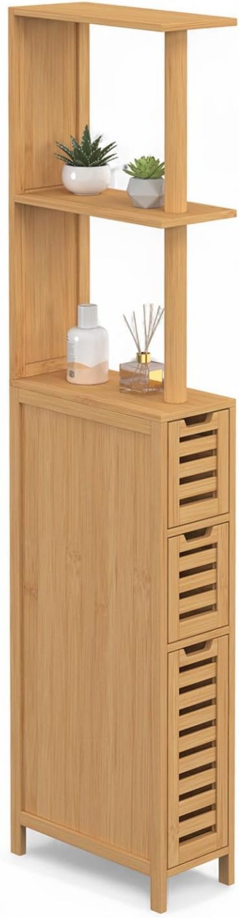 IDMarket - Meuble WC 1 Porte 2 tiroirs Bambou BEA avec étagères