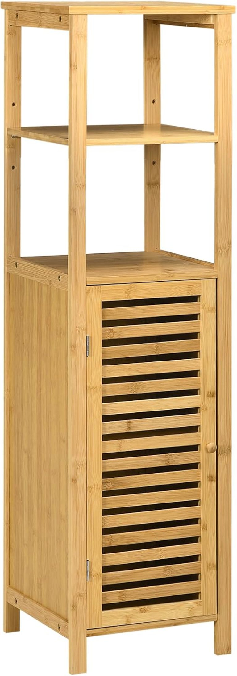 kleankin Meuble Colonne Salle de Bain en Bambou, Armoire de Salle de Bain Haute avec 2 étagères Ouvertes et Placard, Meuble de Rangement pour Salon, WC, 32,9 x 29,9 x 120 cm, Bois Naturel