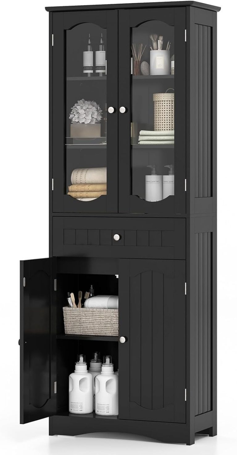 LIFEZEAL Meuble de Salle de Bain Haut, Armoire Colonne avec Étagère Réglable, Porte en Verre, Meuble de Rangement pour Salon, Cuisine, WC, 60 x 30 x 160 cm (Noir)