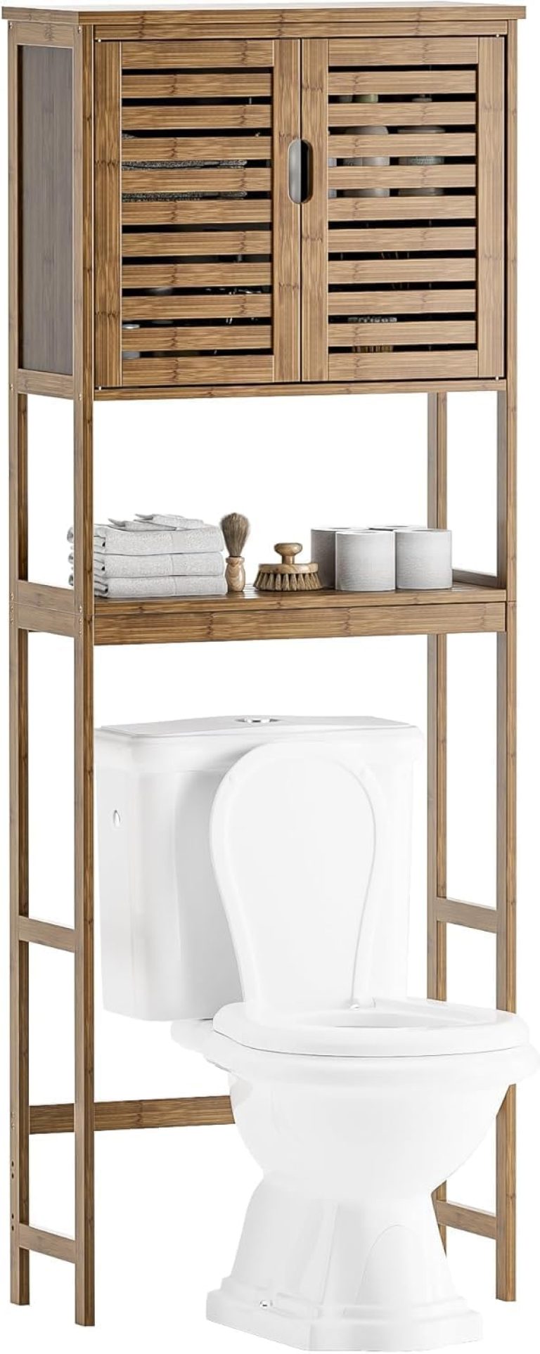 SMIBUY Salle de Bain sur l'Armoire de Rangement des Toilettes, Organisateur d'Armoire en Bambou à 2 Portes, Support de Toilette Autonome avec étagère intérieure réglable et étagère Ouverte (Noyer)
