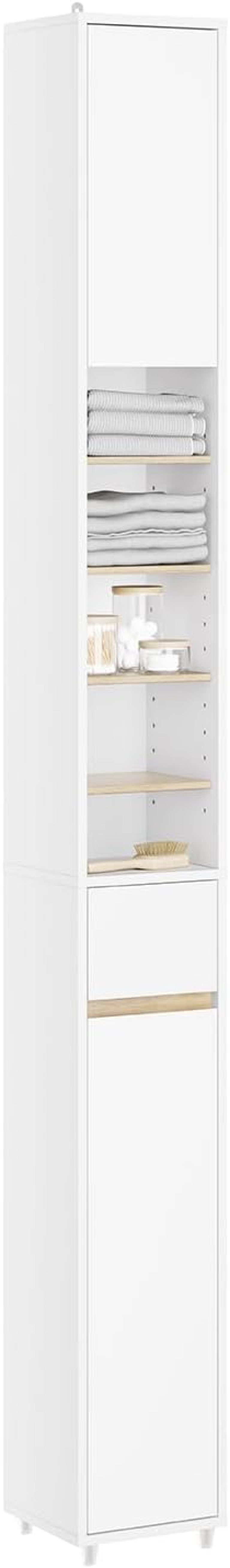 SoBuy Meuble Salle de Bain Colonne Étroite Gain de Place 20x20x180cm | Armoire de Rangement avec Étagères Réglables et Tiroir pour WC, Lavabo, Buanderie Blanc BZR34-WN