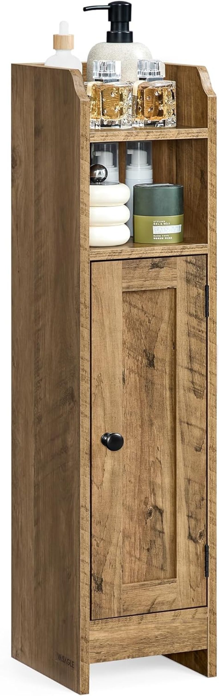 VASAGLE Meuble de Salle de Bain, Armoire d'Angle, 18,2 x 19,2 x 80,5 cm, Meuble WC Étroit pour Papier Toilette, Avec Porte, Étagères Réglables, Marron miel, Collection SIREN BBK310K01