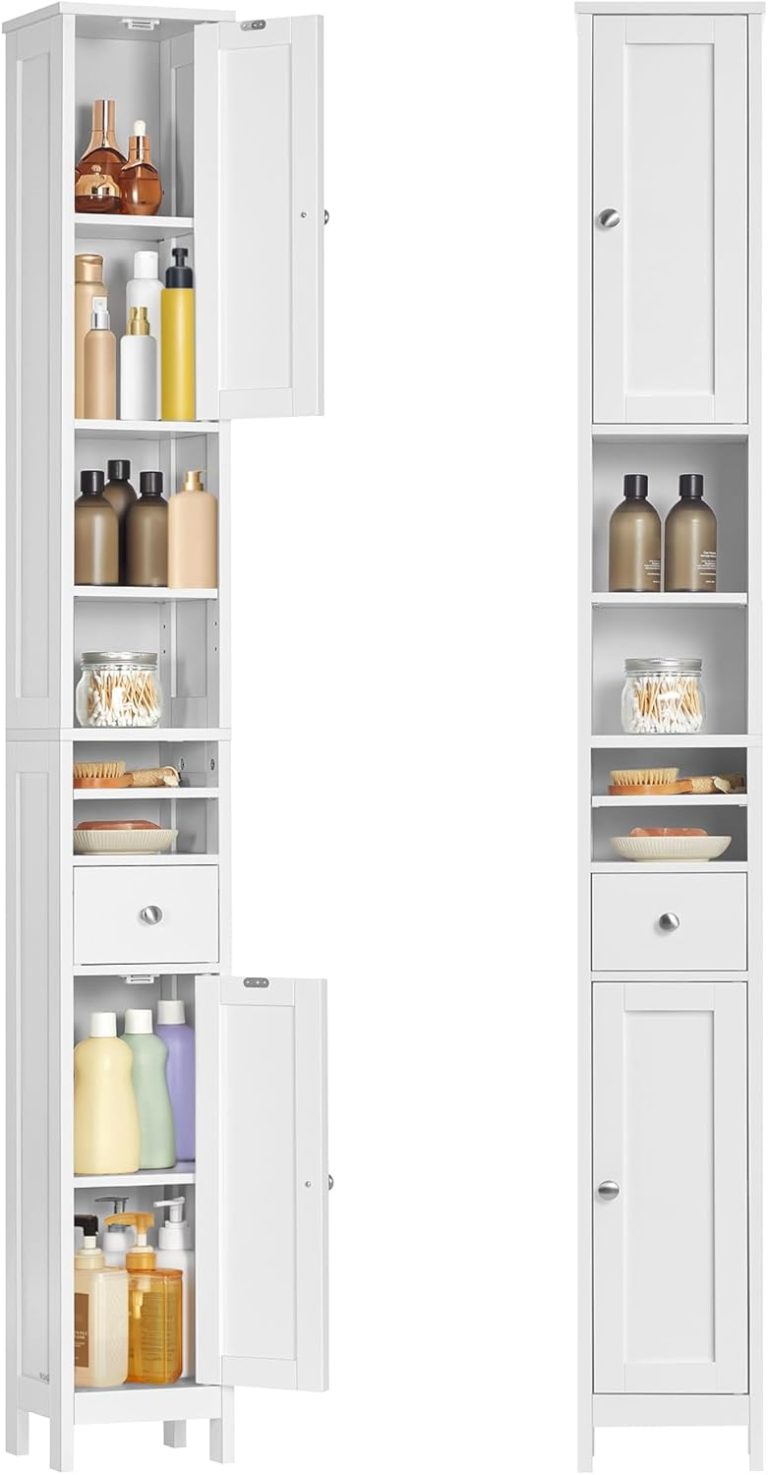 VASAGLE Colonne Salle de Bain Haut, Meuble Etroit, avec Tiroir, Étagères Réglables, Compartiments Ouverts, pour Les Petits Espaces, WC, Blanc nuage, Collection SIREN BBC765W01