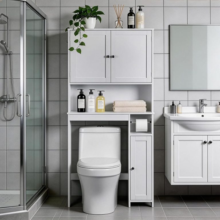 LEADZM 2 en 1 Meuble WC, Meuble Toilette WC Rangement, Etagere WC, Blanc | Rangement Toilette avec 2 Portes, Étagères Réglables, Anti-Basculement, Conception d'Espace de Stockage Multiple,80×22×170cm