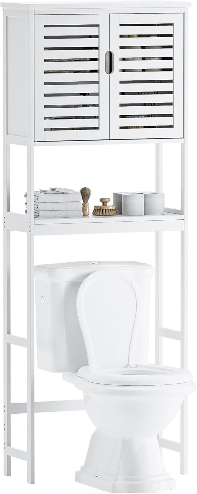 SMIBUY Meuble de Rangement au-Dessus des Toilettes, Organisateur en Bambou à 2 Portes, Support de Salle de Bain économiseur d'espace avec étagère intérieure réglable et étagère Ouverte (Blanc)