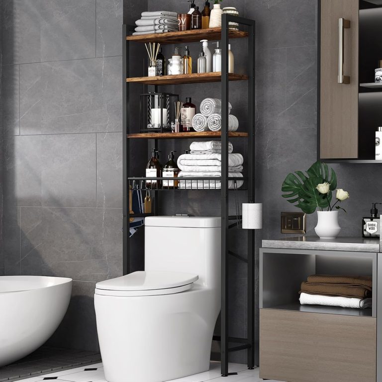 Kalrin Étagère de Toilette Multifonctionnelle Ajustable à 4 Niveaux avec Panier pour Salle de Bain et Toilettes, Gain de Place, Facile à Assembler - Brun Vintage