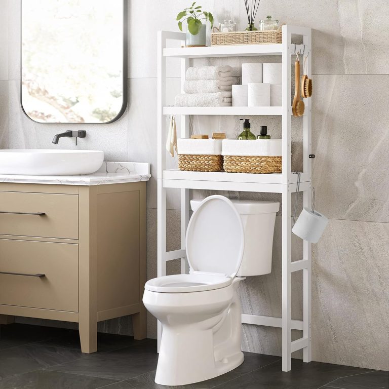 SONGMICS Étagère WC, 3 Niveaux, avec Étagère Réglable | Rangement au-Dessus des Toilettes, Gain de Place, Montage Facile, Blanc Nuage, Collection BAMBOU BTS01WTV1
